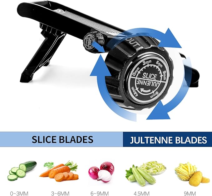 Mandoline Slicer, Adjustable Mandoline Slicer for Kitchen, Stainless Steel Mandolin Vegetable Chopper for Potato, Julienne Cutter with Cut-Resistant Gloves, Black