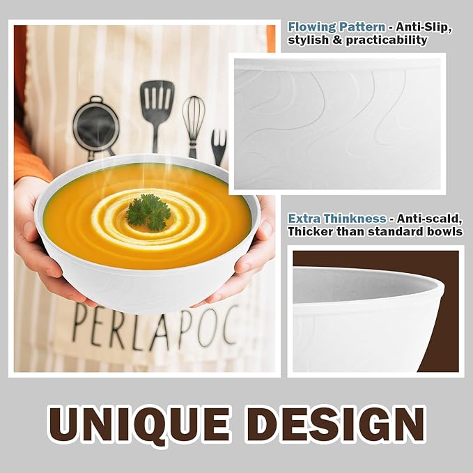 Wheat Straw Cereal Bowls 40 OZ, Unbreakable Bowls Set of 6, Microwave & Dishwasher Safe Bowl for Kitchen, Reusable Plastic Bowl for Cereal, Soup, Salad and Ramen, White