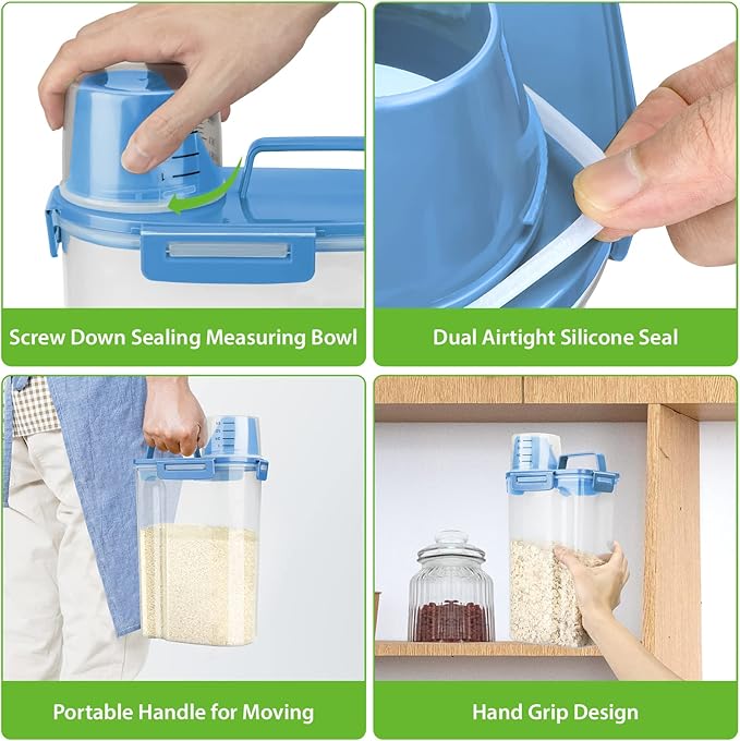 Rice Airtight Storage Container, 3 to 5Lbs Cereal Dry Food Flour Bin, Pet Dog Cat Food Dispenser with Measuring Cup, BPA Free Clear Plastic Kitchen and Pantry Organization Bin for Sugar, Pasta