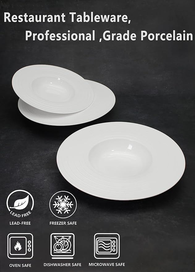 Ceramic Wide Rimmed Soup Plate, Soup Bowl 8 oz, Pasta Bowl Set of 4, White Shallow Bowl Plate with Rim, Best choice for high-end restaurants, hotels, and foodies, 9.6 Inch Coil relief