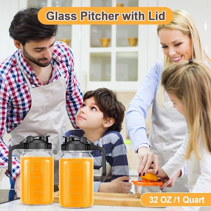 32 OZ Mason Jars with Lid, Glass Pitcher Double Leak Proof with Pour Spout Handle, 2 Quart Wide Mouth Breast Milk Pitcher for Fridge, Creamer Container for Coffee, Sun Tea(Black,1 Pack)