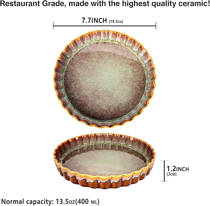 Large Quiche Tart Pans Pan Set of 2, 13.5 oz Ceramic Au gratin pans, Fluted Ruffled Edge for Quiche Baking Dish/Pie Pan, Microwave Freezer Dishwasher Oven safe, Great Gift for Bakers