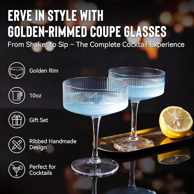 Cocktail Shaker Set with Coupe Glasses – 5-Piece Gift Set Includes Pineapple Glass Shaker with Gold Lid, Jigger, Bar Spoon & 2 Ribbed Gold-Rimmed Glasses – Bartender Kit for Home Bar