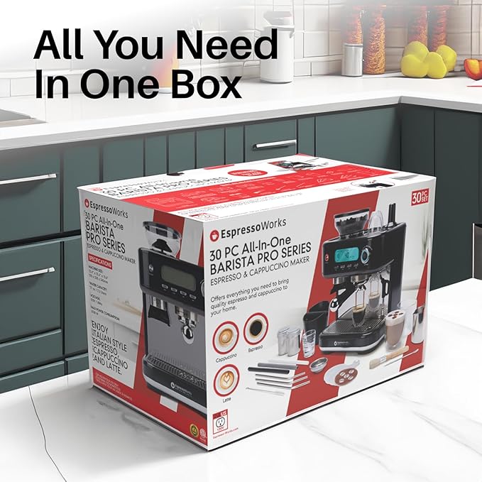 EspressoWorks Barista Pro Series Espresso Machine with Grinder, Steamer and LCD Display - Ready To Go In 60 Sec - 15-Bar Latte and Cappuccino Machine 30-Piece Bundle - Coffee Gifts (Black)