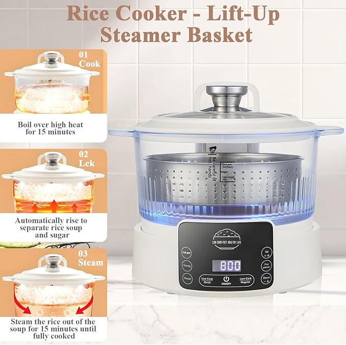 Low Carb Rice Cooker with Reservable-Timable,Low Sugar Multi Functional 3L &2 Cups for Starch Removing Glass Cooker,110v Maximum Power 800w Multi Functional Maker,Liftable Filter Basket (Beige)