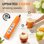 YUSWKO Fluorescence Orange Handheld Milk Frother Wand for Coffee, Rechargeable Electric Whisk with 3 Heads 3 Speeds Drink Mixer Coffee Frother For Latte, Cappuccino, Hot Chocolate, Egg