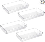 4 Pack 12"x 6" Large Size Clear Plastic Desk Drawer Organizer Tray Bathroom Office Kitchen Utensils Silverware Gadgets Dividers Desk Drawer Storage Bins Container for Dresser Cosmetic Makeup