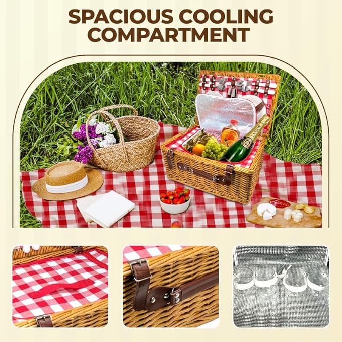 Nature Gear Picnic Basket, Wicker Basket with Handle for Outdoors, Insulated Woven Basket, Includes a Service Kit of Dinnerware & Wine Glasses, Picnic Basket Set for 4 with Blanket, Red & White