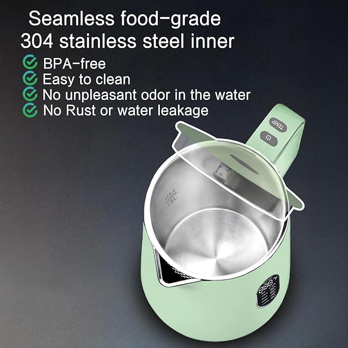 1.5L Electric Kettle Stainless Steel, Double Wall Cool Touch Teapot, Fast Boil,5 Temperature Control, LED Display, Auto Shut-Off,Keep Warm Function,Green