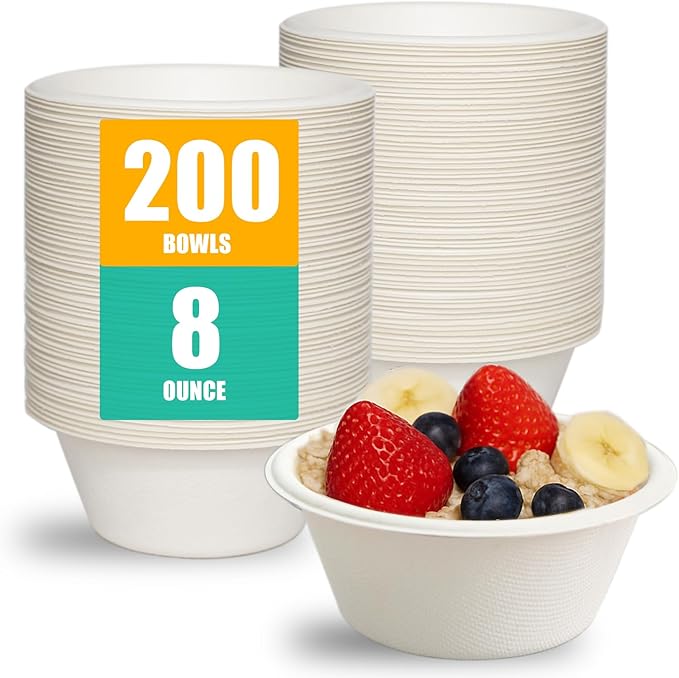 200 Count 8 oz Paper Bowls, Disposable Compostable Bowls, Heavy Duty Biodegradable Sugarcane Bagasse Bowl for Snacks, Fruits, Desserts, White