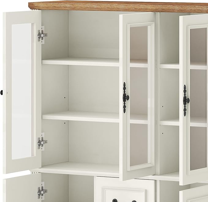 DWVO Large Storage Cabinet, 72" Tall Kitchen Pantry with Glass Doors, Freestanding Glass Display Cabinets with Adjustable Shelves & Drawers, Food China Hutch for Dining Room, Living Room, White