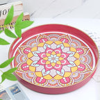 Round Pink Decorative Tray for Coffee Table, Ottoman, 13” Plastic Serving Platter Tray with Handles for Entertaining, Living Room