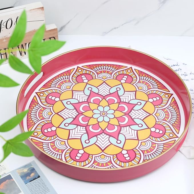 Round Pink Decorative Tray for Coffee Table, Ottoman, 13” Plastic Serving Platter Tray with Handles for Entertaining, Living Room