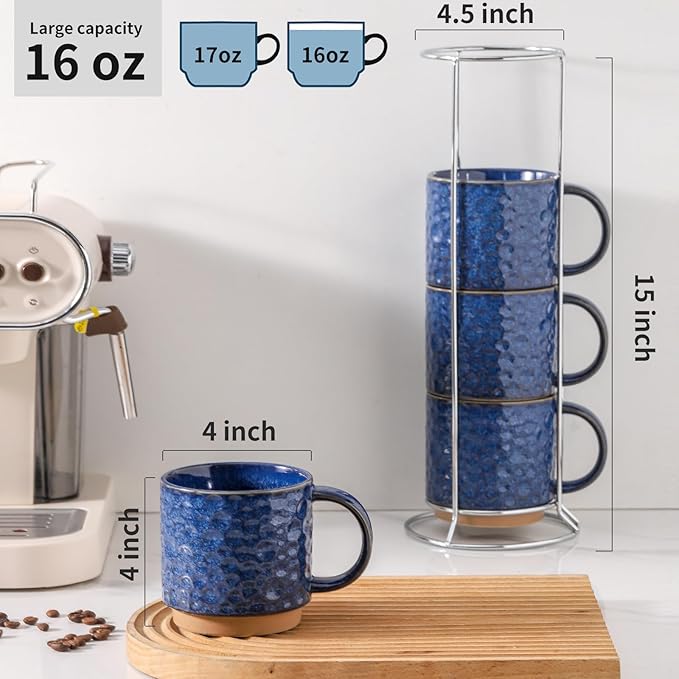 Nihow Ceramic Coffee Mug Set of 4, 16OZ Stackable Coffee Mug Set with Stainless Stand,Large Cup Set for Cappuccino,Tea,Hot/Cold Drinks,Dishwasher & Microwave Safe,Vivid Blue