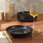 Gibson Elite Beckett 4-Piece 9 Inch Dinner Plate Bowl Set – Reactive Glaze Stoneware – Shallow Pasta Bowls – Round Wide-Rim Design – Microwave & Dishwasher Safe - Black