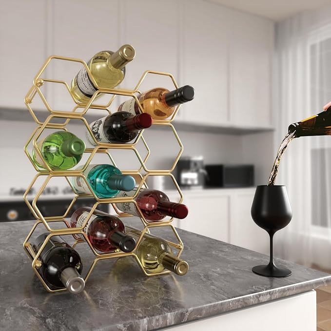 Buruis Countertop Wine Rack, 14-Bottle Modern Freestanding Metal Holder for Red and White Wine, Tabletop, Kitchen, Bar, and Cabinet Storage (Gold)