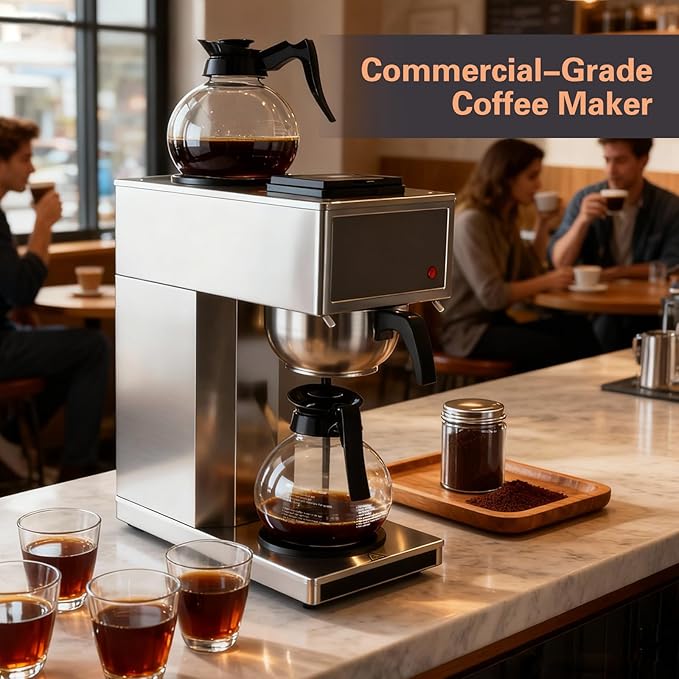 VONCI 1610W Commercial Coffee Maker, 12 Cup Drip Coffee Machine, 2 Glass Carafes and 2 Warmers, Stainless Steel Housing & Funnel, Industrial Coffee Maker for Offices, Hotels, Home