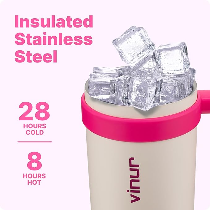 VINUR Insulated Coffee Tumbler with Handle-30 oz Stainless Steel Vacuum Tumbler with Lid and Straw, Leak Proof Water Cup for Travel (Cream)