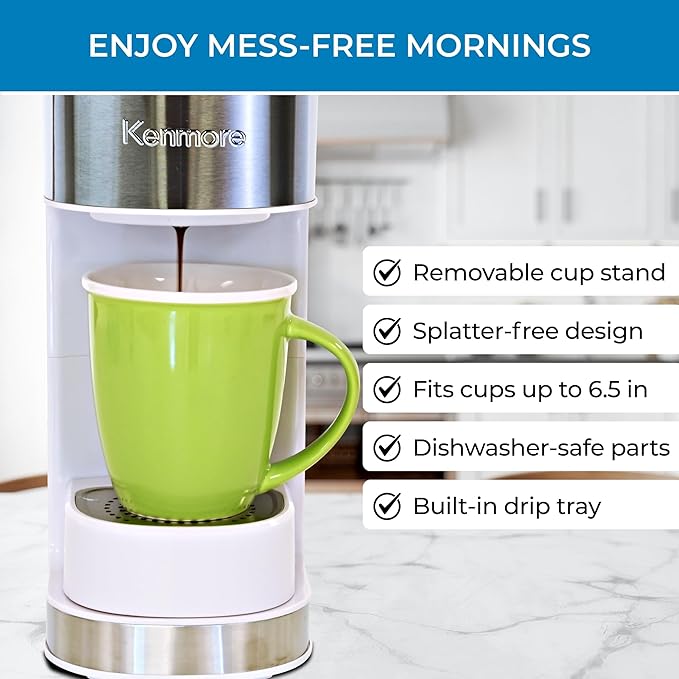 Koolatron Kenmore Single Serve Coffee Maker & Stainless Steel Travel Mug, Capsule/Pod & Ground Coffee Brewing, K Cup Compatible, Hot & Iced Coffee Machine, 6 to 14 Oz Brew Sizes, Auto Shut-Off, White