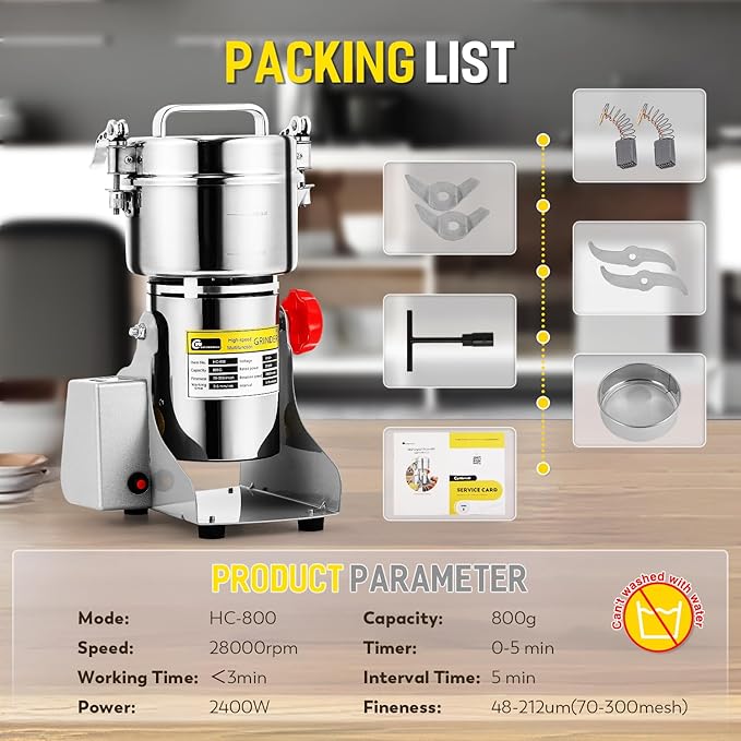 CGOLDENWALL 800g LED Display Grain Mill Grinder Electric Spice Herb Grinder Stainless Steel Pulverizer for Dry Spices Herbs Grains Coffee Seeds Rice Corn Pepper 110V