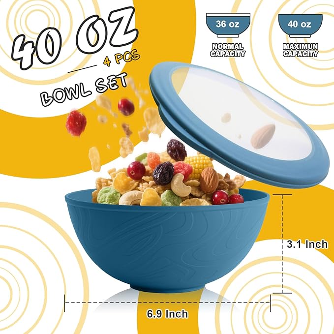 Wheat Straw Bowls Set with Lids, Unbreakable 40 OZ Cereal Bowls Set of 4, Salad Container for Lunch, Microwave & Dishwasher Safe Bowl Set for Kitchen, Picnic, RV, Camping, Multi
