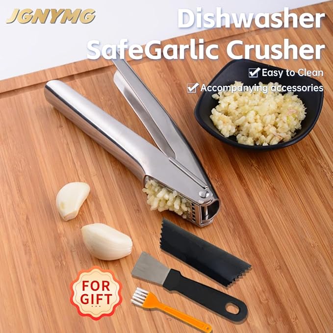 Garlic Press Stainless Steel，Premium Garlic Mincer Tool，Heavy Duty Professional garlic grinder， No Need to Peel Garlic Ginger Crusher，Easy Clean, Dishwasher Safe & Rust-proof