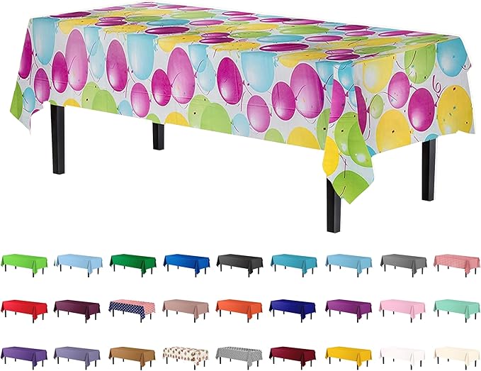 Party Solids 12 Pack Premium Quality Balloon Design Plastic Tablecloth - 54 Inches by 108 inches of Fabulous Rectangle Birthday Tablecloth with Balloon Design for 8 Foot Party Table…