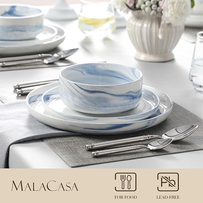 MALACASA Plates and Bowls Sets, 12 Pieces Porcelain Dinnerware Sets Dishware Sets Chip Resistant Ceramic Dish Set Dining Dinner Ware Service for 4, Marble Blue, Series LUNA