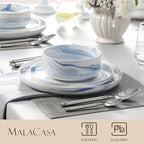MALACASA Plates and Bowls Sets, 12 Pieces Porcelain Dinnerware Sets Dishware Sets Chip Resistant Ceramic Dish Set Dining Dinner Ware Service for 4, Marble Blue, Series LUNA