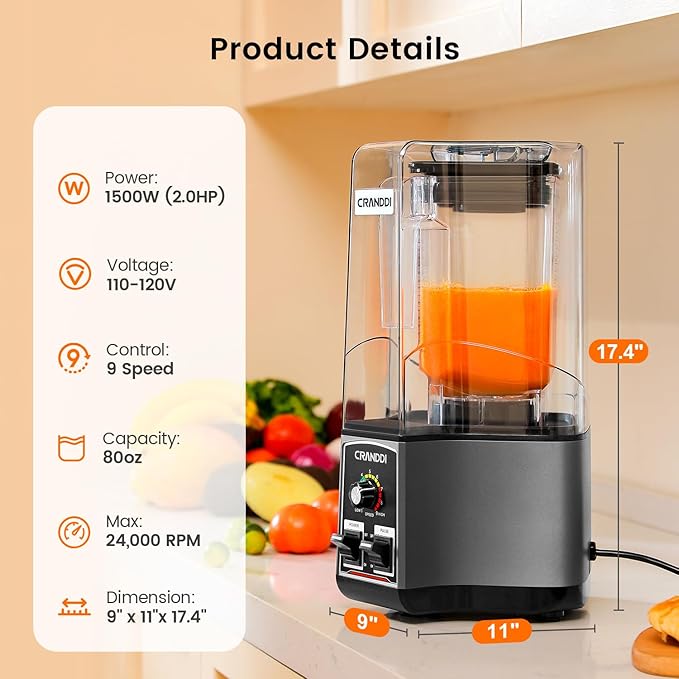 CRANDDI Commercial Kitchen Smoothie for Blender - 80oz Blender with Tamper and Removable Soundproof Cover, Quiet Blenders for Smoothies, Countertop Blenders for Ice Crushing, Blending, K85 (Gray)