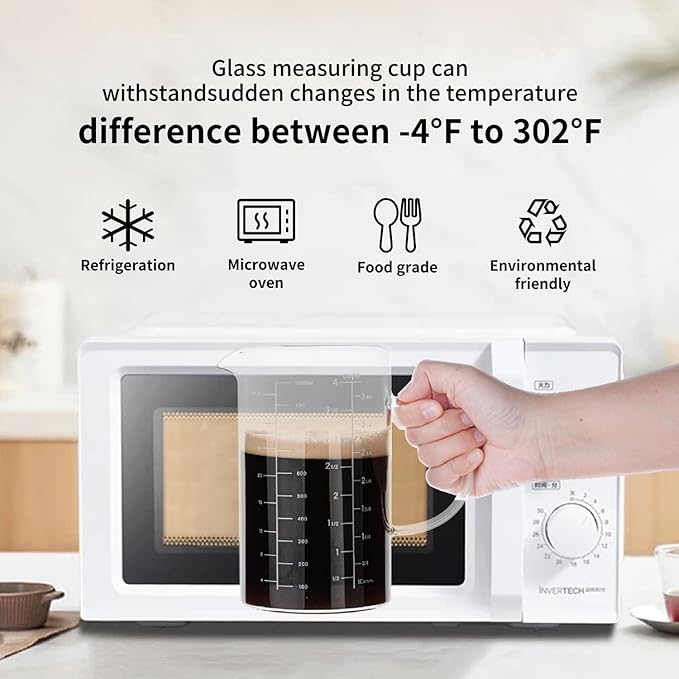 BCnmviku Glass Measuring Cup, Insulated handle, V-Shaped Spout, High Borosilicate Glass Measuring Cup 1000ML、 /1 Liter, 4 Cup for Kitchen or Restaurant, Easy To Read (1000ml-1pcs)