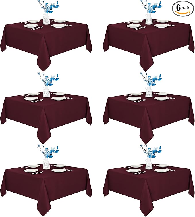 Fitable 6 Pack Square Tablecloths - 70 x 70 Inches - Stain Resistant and Reusable Table Clothes, Burgundy Polyester Fabric Table Covers for Dining, Card Tables, Coffee Tables
