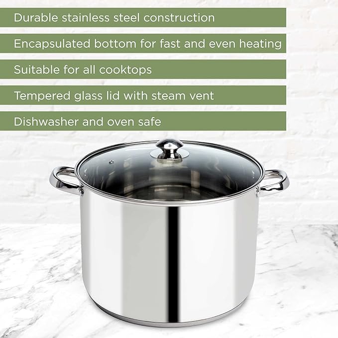 Ecolution Pure Intentions Stock Pot - Features Tempered Glass Lid, Keep Cool Handle, and Encapsulated Bottom - Oven Safe - Curbside Recyclable Stainless Steel - 16 Quarts