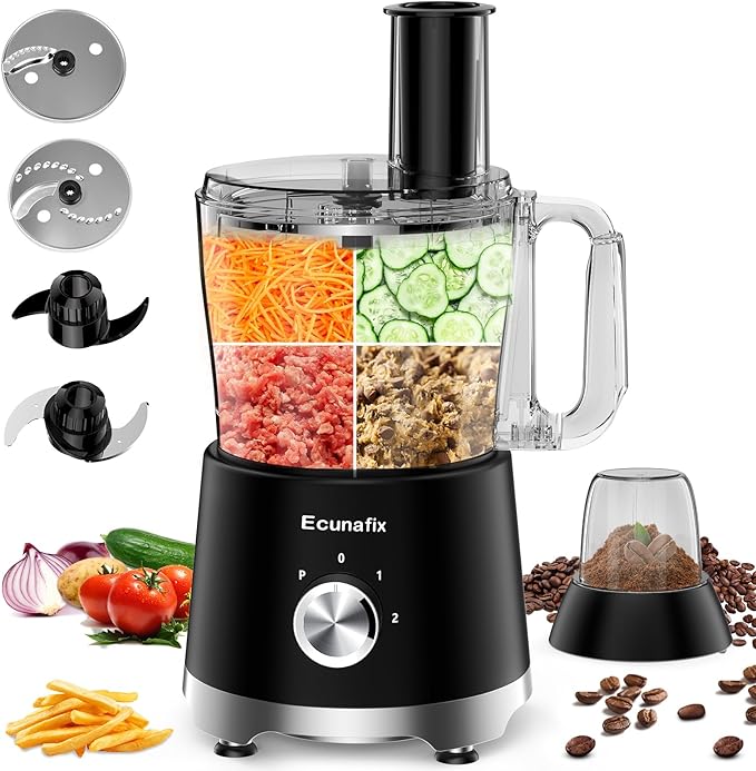 Food Processor and Vegetable Chopper 600W BPA Free 12-Cup Bowl, French-Fry-Cutter, 6.8oz Grinder for Cheese Grating, Ice Creshing, Chopping, Shredding, Slicing, Mixing and Doughing, 2+P Speeds