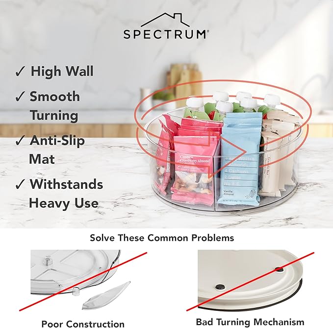 Spectrum Lazy Susan Organizer, Hexa 3 Divider 11" - Lazy Susan Turntable for Cabinet, Refrigerator, Pantry, Table, & Shelf - Rotating & Spinning Pantry Organization - Spice Rack Storage for Fridge