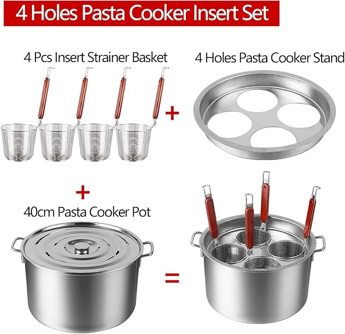 Pasta Cooker Insert Set Stainless Steel Pasta Pot With Strainer Basket Multipots Cooking Tool For Noodles Dumplings Pasta For Home Kitchen Restaurant,4 Holes