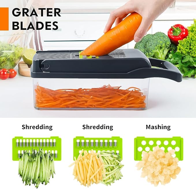 Vegetable Chopper, Pro Onion Chopper, 14 in 1Multifunctional Food Chopper, Kitchen Vegetable Slicer Dicer Cutter,Veggie Chopper With 8 Blades,Carrot and Garlic With Container (Gray) (Gray)