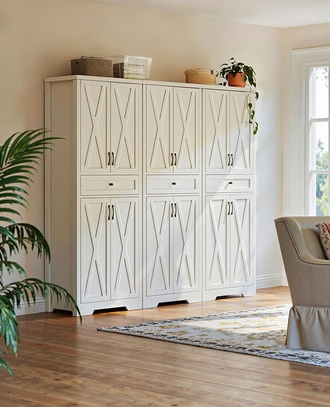 68'' Farmhouse Kitchen Pantry Cabinet with Adjustable Shelves, Tall Storage Cabinet with Barn Doors, Freestanding Versatile Cupboard for Dining Room, White