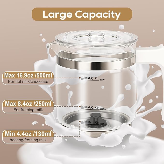 Milk Frother and Steamer, 16.9 OZ Milk Frother for Coffee, 4 in 1 Frother Separable Easy to Use and Clean, Durable Safe Silent Working for Coffee, Latte, Cappuccino Hot Chocolate, White Glass