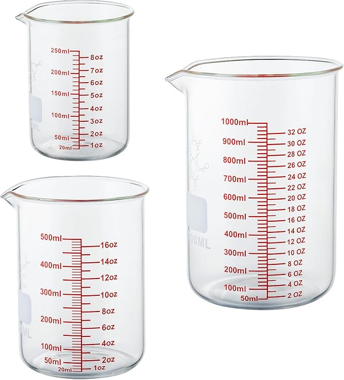 High Borosilicate Glass Measuring Cup Set-V-Shaped Spout，Includes 250ml(8OZ), 500ml(16OZ), and 1000ml(32OZ) Glass Measuring Beaker, Easy to Read