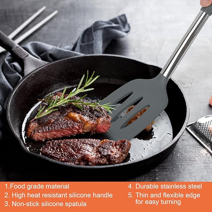 Silicone Spatulas Turners, Solid & Slotted Silicone Spatula Set, Non Stick Turners,Ailsoes Heat Resistant BPA Free Rubber Spatulas for Fish, Eggs, Pancakes, WOK，2 Pack (Gray)