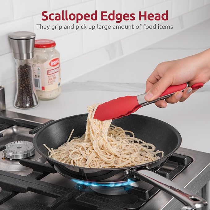 600ºF Heat Resistant Kitchen Tong: U-Taste 7 inch Silicone Cooking Tong with Firm Sealed Non Stick Rubber Tips & Silicon Coated 18/8 Stainless Steel Handle & Smooth Locking for Serving Salad (Red)