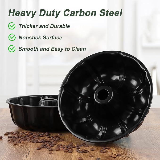 Homikit Nonstick Cake Pan 10 Inch, 2 Pack 10 Cups Heavy Duty Carbon Steel Fluted Tube Round Pans for Baking Pound Cakes, Jello, Brownie, Monkey Pumpkin Bread, Oven Safe & Easy Release, Black