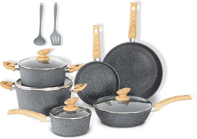 DishDelight Induction Pots and Pans Set, 12 Piece Nonstick Cookware, Granite Cooking Set with Frying Pans, Gray
