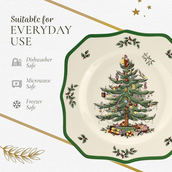 Spode Christmas Tree Scalloped Dinner Plate - Holiday-Themed Stoneware Large Plate - 10.5 Inch Christmas Dinner Dish Featuring Colorful Gifts & Mistletoe Accents - Dishwasher & Microwave Safe