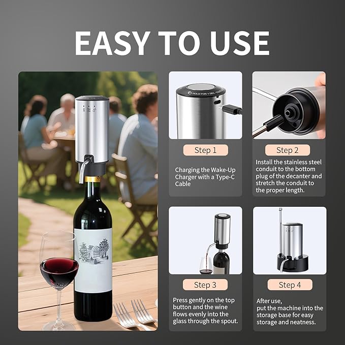Rechargeable Wine aerator Electric Wine Decanter, Automatic Wine Dispenser withStorage Base,Two Modes:long press to continuously Dispense wine/single press to Dispense75ml of Wine