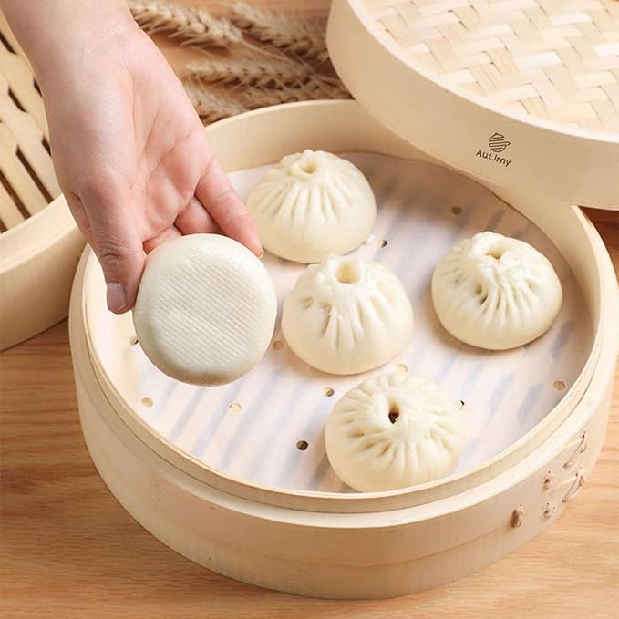 100 PCS Bamboo Steamer Liner, 11 Inch Round Air Fryer Parchment Paper with Holes, White Non-Stick Steamer Paper Sheet