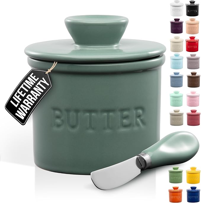 Zulay Kitchen Porcelain Butter Crock With Lid & Knife - Authentic French Butter Dish For Fresh & Spreadable Butter - Deep Sea