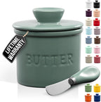 Zulay Kitchen Porcelain Butter Crock With Lid & Knife - Authentic French Butter Dish For Fresh & Spreadable Butter - Deep Sea