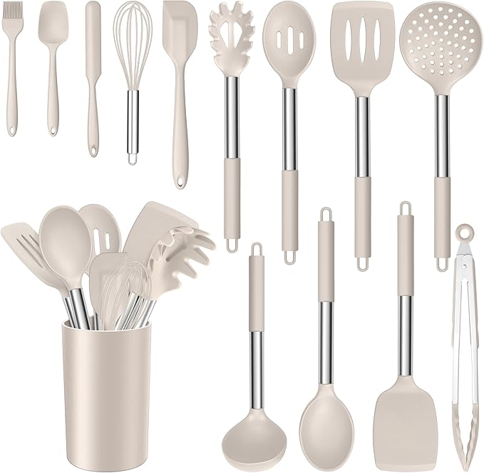 E-far 14 Pieces Silicone Cooking Utensils Set, Kitchen Utensils Set with Holder, Spatula, Ladle, Spoon, Tong, Slotted Turner for Nonstick Cookware, Heat Resistant & Stainless Steel Handle, Khaki